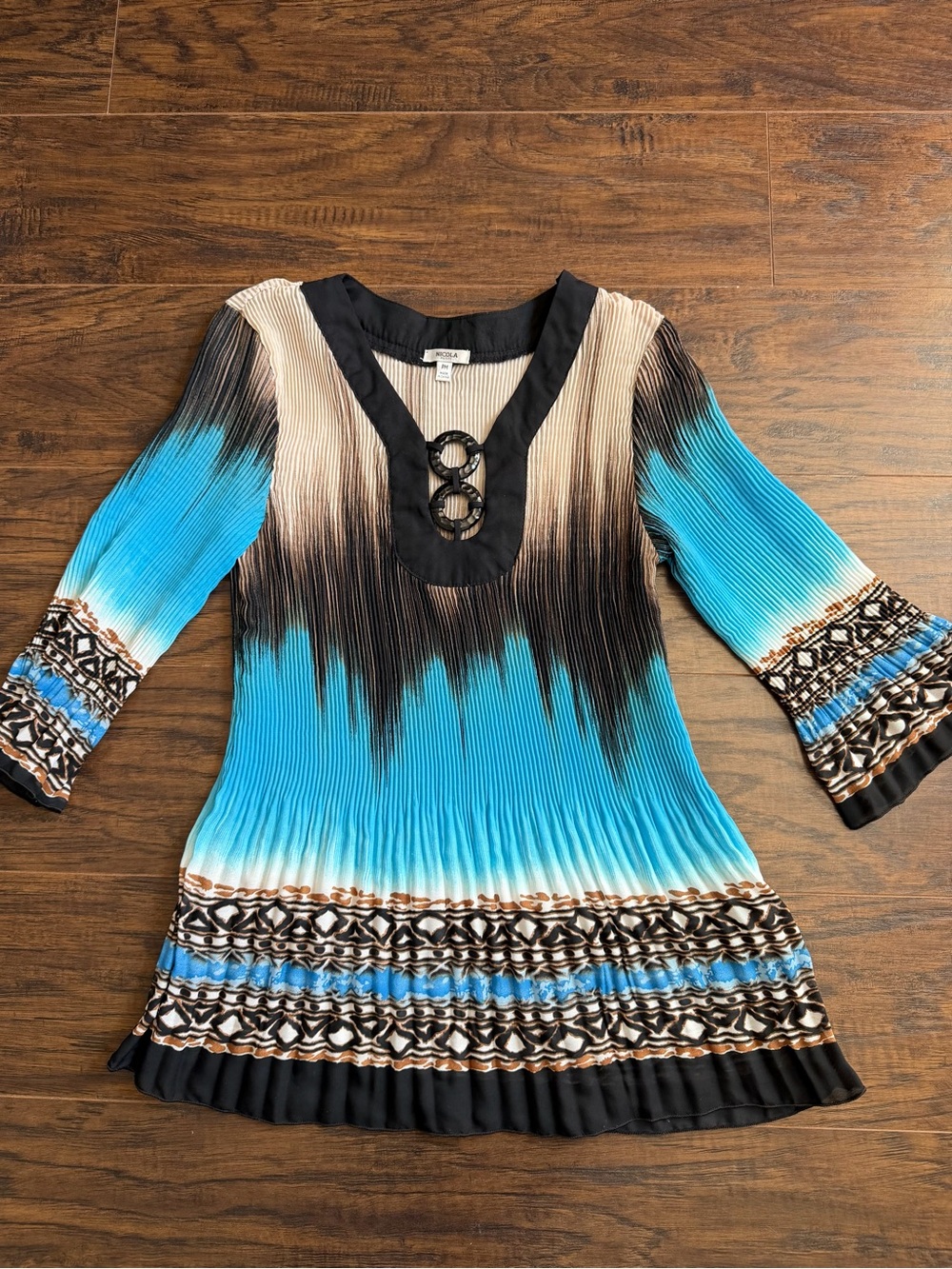 NICOLA Blue Black Cream Brown Pleated Tunic with Ring Detail